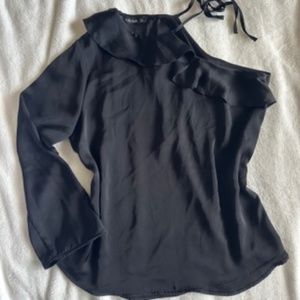 Zara Basic Asymetrical Flowy Black Blouse Cold Shoulder Sz M